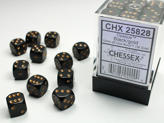 Opaque Black/gold 12mm d6 Dice Block (36 dice) - Image 1