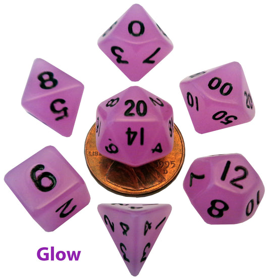 Glow in the Dark Purple 10mm Mini Polyhedral Dice Set - Image 1