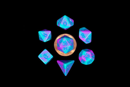 Turquoise and Purple Marble 10mm Mini Poly Dice Set - Image 1